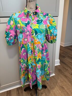 Flying Tomato Floral Tiered Button-Front Dress - Pink, Teal & Yellow